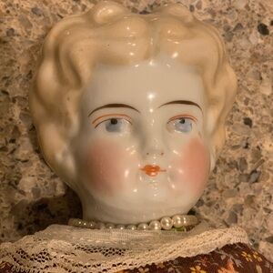 Antique German Porcelain Doll with Brown Floral Dress And Bloomers